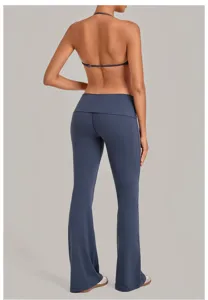 Women yoga set halter top and high waist fold-over flare pants fitness activewear