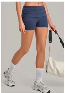 Women's high-waisted folded waist quick-drying yoga shorts fitness running sports shorts.