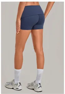 Women folded waist quick dry yoga shorts, tight hip lift fitness running sports shorts back view