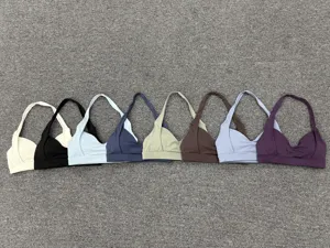 Halter neck sports bra with deep V design, perfect for running, yoga, and fitness workouts.