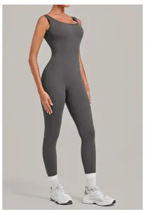 Detailed view of women's dark grey brushed yoga jumpsuit, tight fitness activewear.
