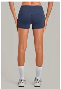Women folded waist athletic yoga shorts, quick dry fitness running activewear sportswear bottoms.