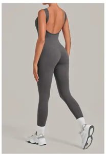 Women open back grey yoga jumpsuit athletic fitness activewear long pants gym workout romper