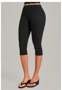 High-waisted black yoga capri pants, tummy control fitness tights for women workout activewear.