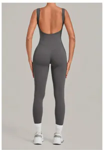 Detailed back view of the dark gray yoga onesie, showing the low back design and fit.