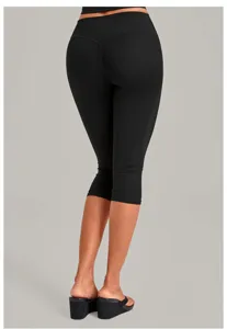 Detailed close-up view of women's black capri yoga pants featuring a high waist slim fit.