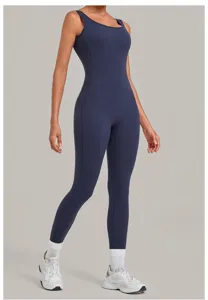 Women navy blue sleeveless brushed yoga jumpsuit fitness activewear romper apparel