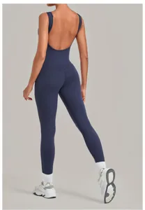 Backless brushed yoga jumpsuit for women, sleeveless tight fitness running sports bodysuit.