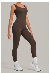 Women brushed yoga jumpsuit fitness activewear open back workout sports unitard detail view