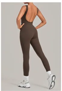 Detail view of the sand-brushed open back yoga jumpsuit, fitted fitness sportswear for women.