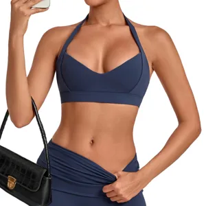 Women Sports Bra Deep V Neck Halter Crossback Nylon Everyday Athleisure Padded Wireless Sleeveless Workout Gym Fitness Yoga Top