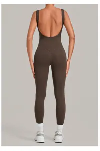 Women's backless brown yoga onesie, tight fitness workout jumpsuit for active sports.