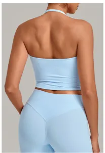 Γαλάζιο halter αθλητικό crop top γιόγκα γυμναστηρίου λεπτομέρεια, γυναικείο αθλητικό τοπ.