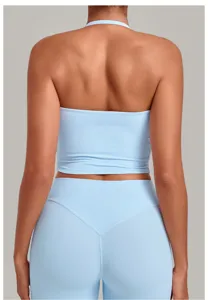 Γυναικείο ανοιχτό μπλε halter crop top και κολάν γιόγκα, στενή εφαρμογή αθλητικά ρούχα.