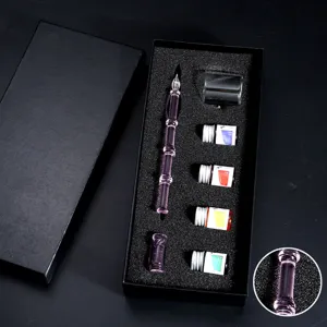 Ensemble de Stylo-Plume en Verre Fait Main Stylo Cristal Avec Encre Colorée Boîte Cadeau en Bambou Art Écriture Dessin