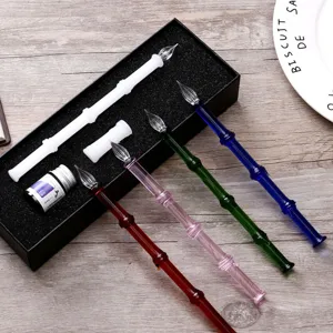 Coffret de stylo plume en verre fait main avec encres colorées, stylo cristal créatif.