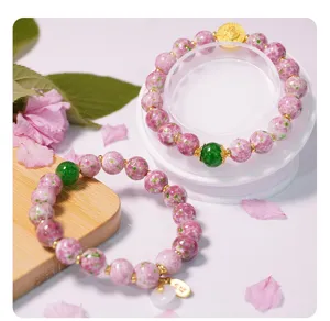 Vintage cracked glaze beaded bracelet couple set with green and pink retro style chic charm jewelry.