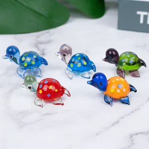 Colorful mini glass turtle figurine set, cute animal desktop ornament for fish tank and office decor.