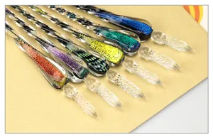 Colorful glass dip pen set with glitter powder, crystal calligraphy pen for student practice.