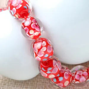 Handmade red floral glass beads diy jewelry accessories round spacer beads for crafting.