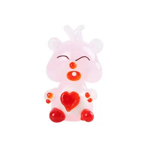 Cute pink glass cartoon bear figurine with red heart desktop decor craft ornament for home.