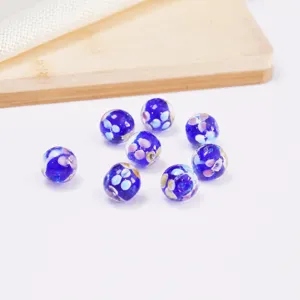 Handmade blue glass beads with floral pattern DIY jewelry accessories loose round beads