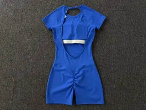 Combinaison de yoga bleue dos nu à manches courtes slim fitness une pièce femme