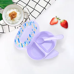 Detail view of portable baby divided bowl set with spoon, safe infant training tableware.
