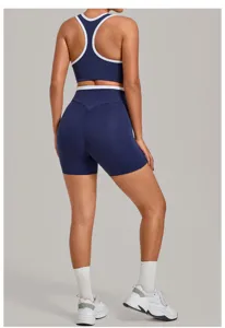 Damen Sportbekleidung Yoga Set Kontrast Trim Sport BH und Po Lift Fitness Biker Shorts