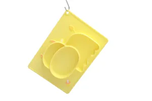 Detail view of yellow silicone baby divided plate, cute animal design for kids feeding.
