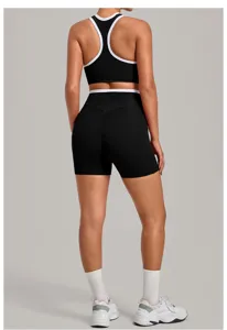 Rückansicht von Damen Kontrast Sport-BH Biker Shorts Activewear Set für Yoga und Fitness.