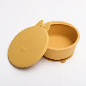 Ciotola di aspirazione per neonati in silicone con coperchio, design orecchie di coniglio per pappa.