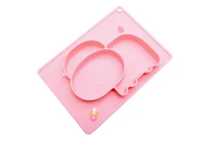 Pink silicone baby divided plate detail, cute elephant shape, safe food grade material for kids.