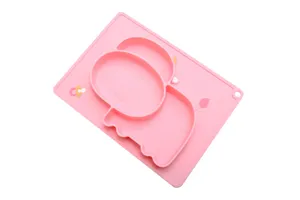 Pink silicone baby divided plate detail view, cute elephant shape toddler feeding mat.