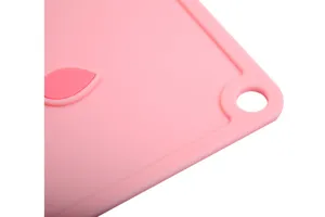 Silicone baby plate detail view, food-grade material in pink color with hanging hole.