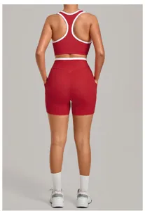 Damen Sport-BH und High-Waist Yoga-Shorts Set, Rückseitenansicht Detail für Fitness und Training.