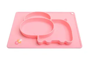 Silicone baby divided plate, food grade toddler suction meal mat, cute pink animal shape.