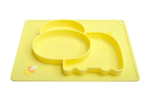Detailed closeup of silicone baby divided plate showing integrated placemat and compartments.