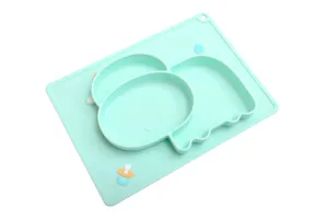 Silicone baby placemat detail, food grade divided plate, mint green toddler tableware close up