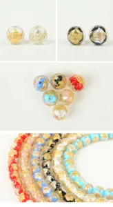 Glass beads with gold and silver foil inside, shiny transparent DIY jewelry detail shot.