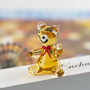 Handmade amber glass bear figurine with red bow cute mini animal desktop craft ornament