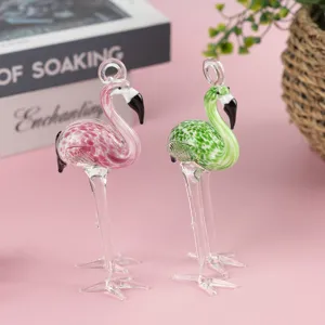 Handmade glass flamingo figurines set, cute crystal animal ornaments for desktop home decor.