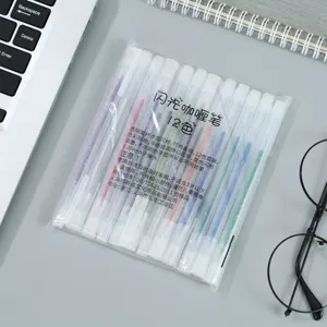 12-color glitter gel pen set detail view, transparent barrel design, smooth writing stationery.