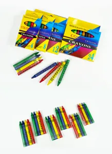 Detailed view of colorful crayon sets in 6, 8, 12, and 24 color packs for kids drawing and art.
