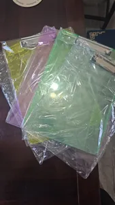 Gedetailleerd overzicht van doorzichtig gekleurd kunststof klembord met metalen clip.