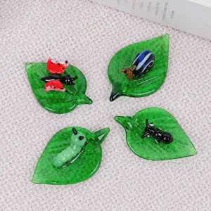 Cute glass insect leaf ornaments set, creative desktop decoration figures for home and office.