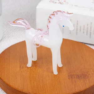 Cute white glass unicorn horse figurine ornament on wooden base for desktop home decor item