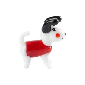 Cute glass puppy dog figurine desktop ornament, handcrafted red and white pet animal decor.