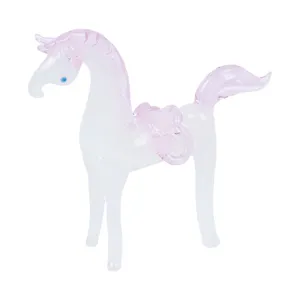Clear glass unicorn figurine with pink mane and tail, cute desktop ornament for decor.