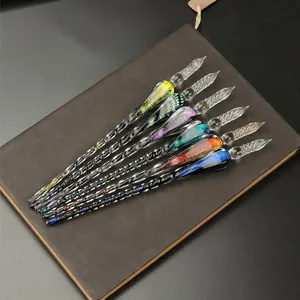 Crystal glass dip pen set with 6 vibrant colors and sparkling glitter for calligraphy writing.